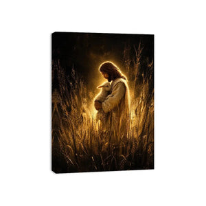 Jesus holding lamb in glowing golden field Christian spiritual wall art canvas print