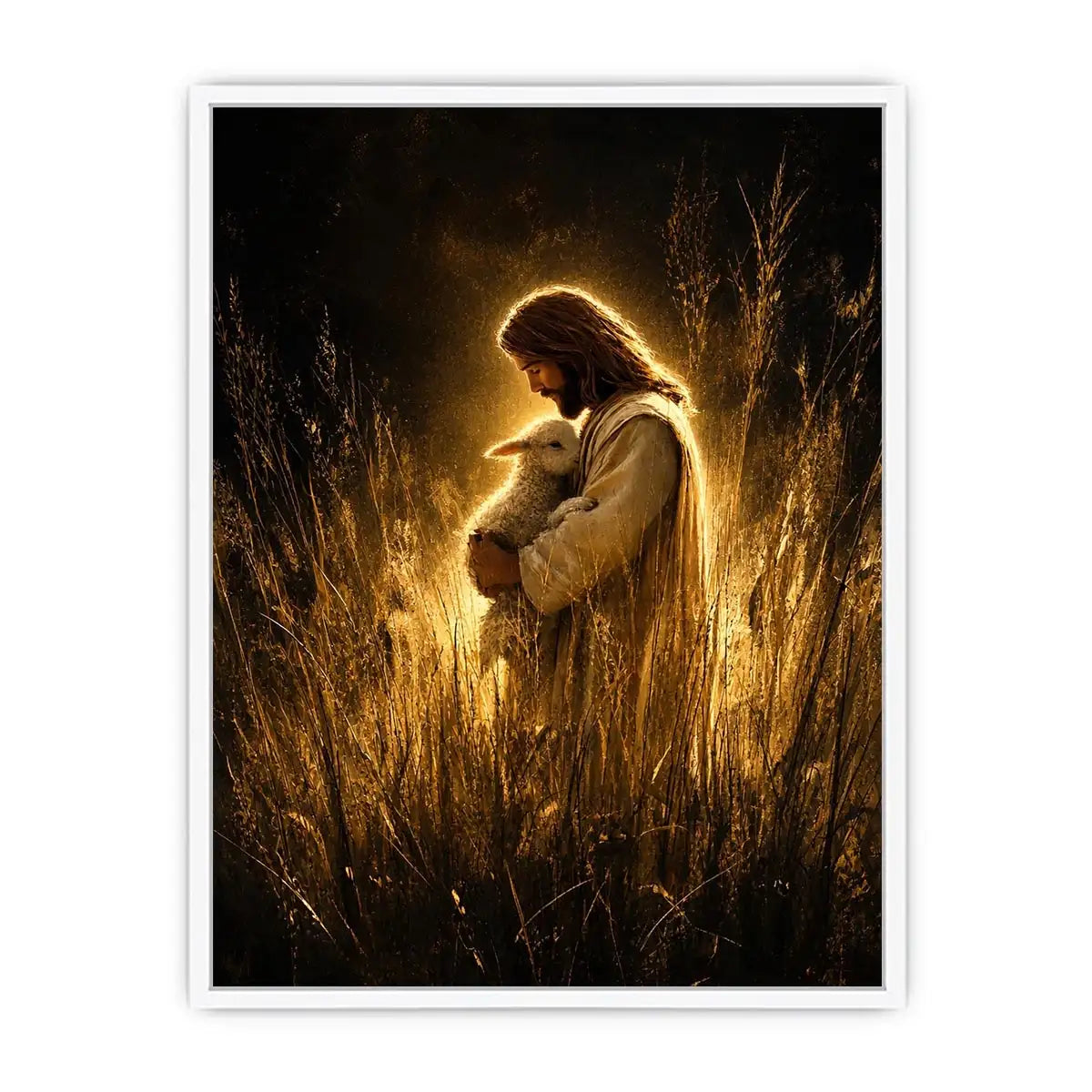 Jesus holding lamb in glowing golden field Christian spiritual wall art canvas print