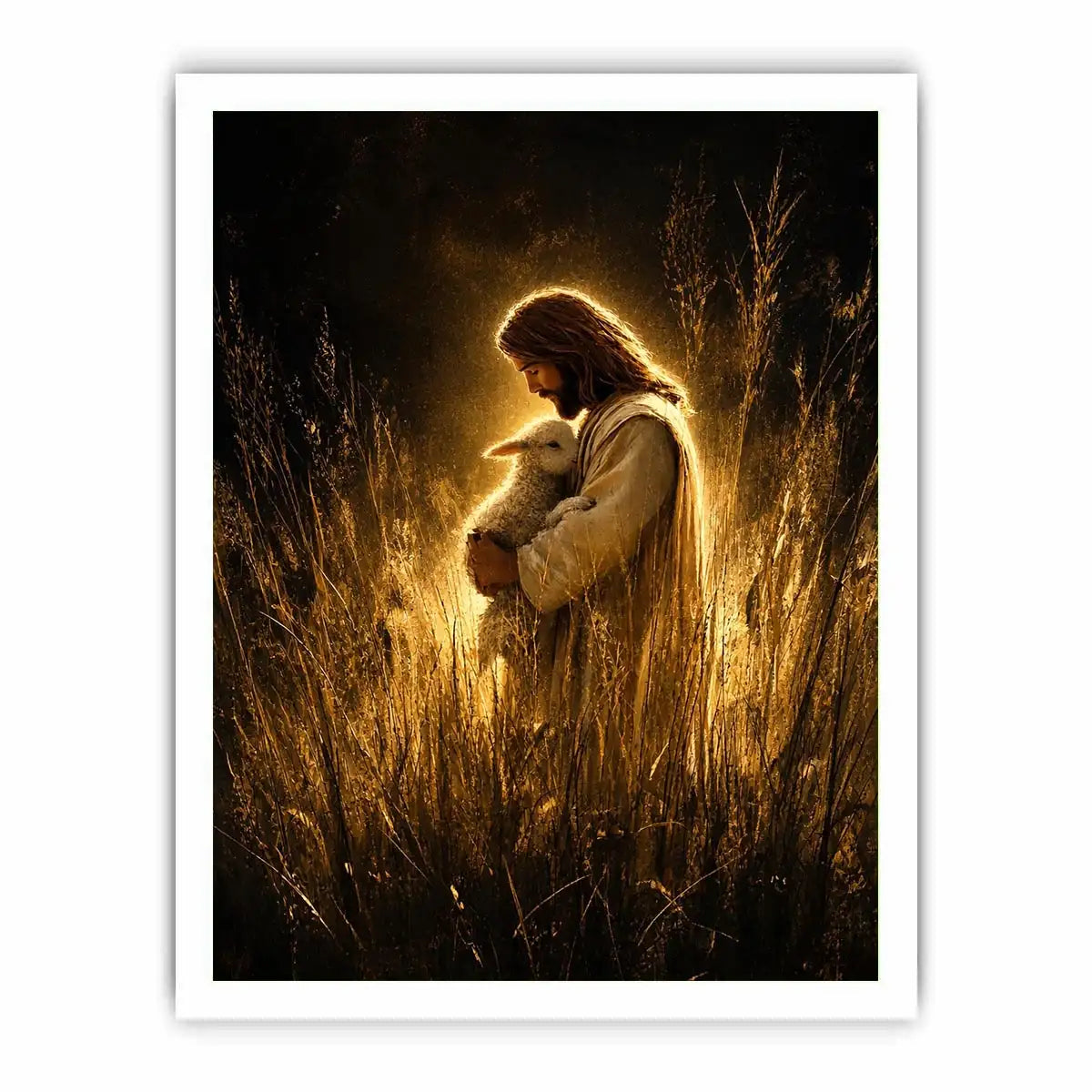 Jesus holding lamb in glowing golden field Christian spiritual wall art canvas print