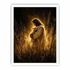 Jesus holding lamb in glowing golden field Christian spiritual wall art canvas print
