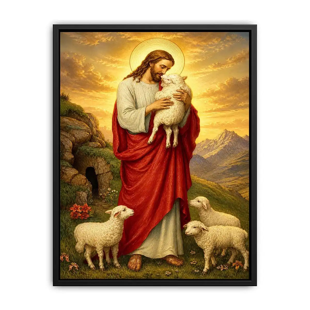 Jesus holding lamb surrounded by sheep in golden mountain landscape Christian wall art canvas
