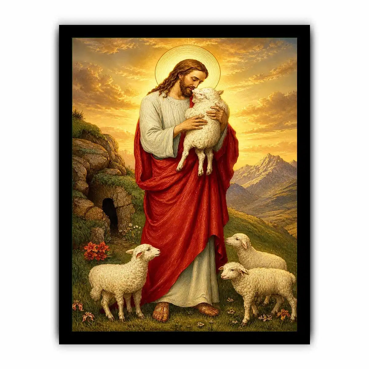 Jesus holding lamb surrounded by sheep in golden mountain landscape Christian wall art canvas