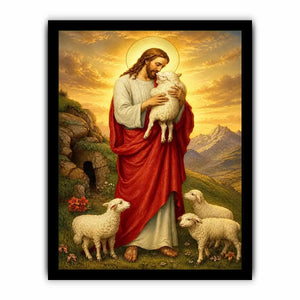 Jesus holding lamb surrounded by sheep in golden mountain landscape Christian wall art canvas