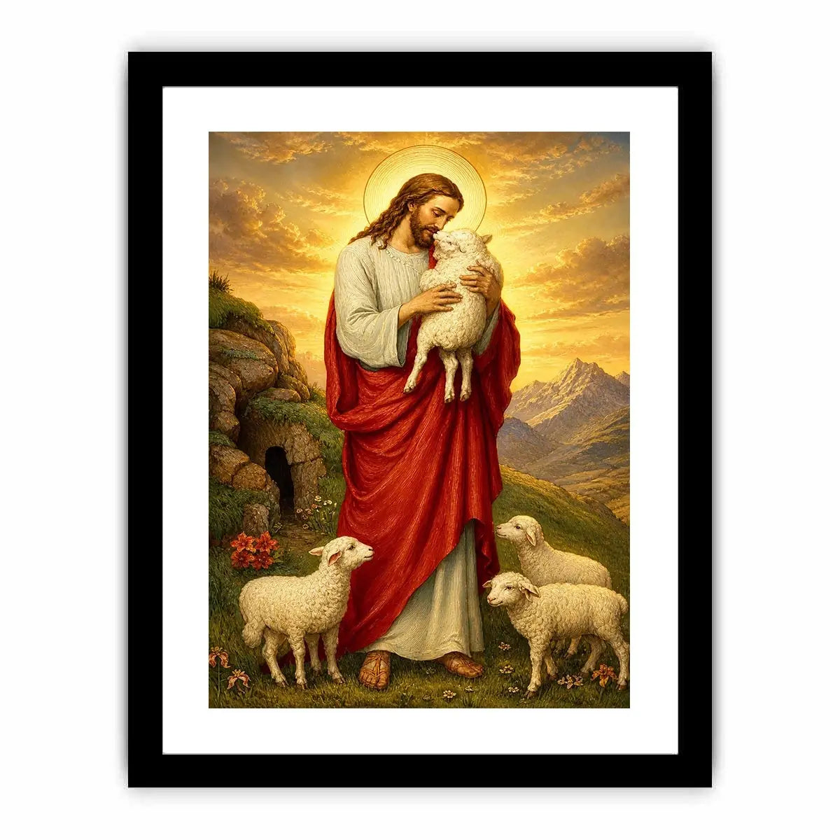 Jesus holding lamb surrounded by sheep in golden mountain landscape Christian wall art canvas