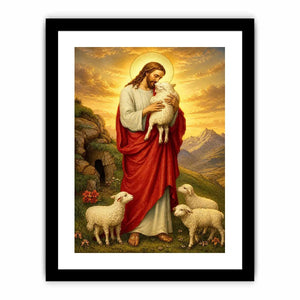 Jesus holding lamb surrounded by sheep in golden mountain landscape Christian wall art canvas