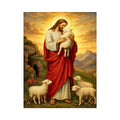 Jesus holding lamb surrounded by sheep in golden mountain landscape Christian wall art canvas