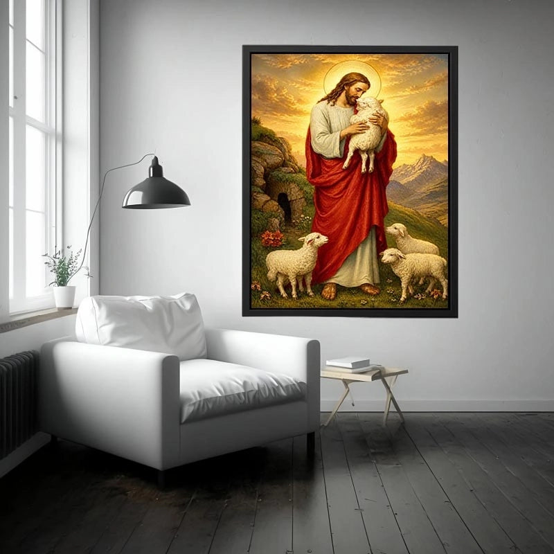 Jesus holding lamb surrounded by sheep in golden mountain landscape Christian wall art canvas