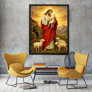 Jesus holding lamb surrounded by sheep in golden mountain landscape Christian wall art canvas