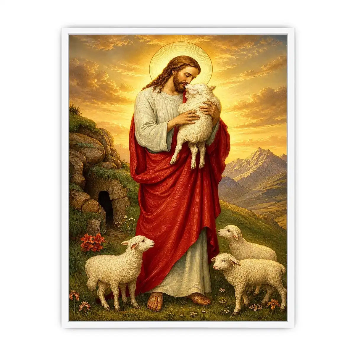 Jesus holding lamb surrounded by sheep in golden mountain landscape Christian wall art canvas