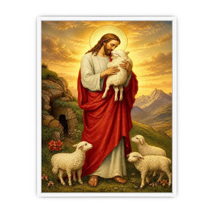 Jesus holding lamb surrounded by sheep in golden mountain landscape Christian wall art canvas
