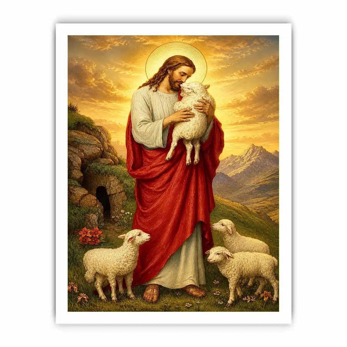 Jesus holding lamb surrounded by sheep in golden mountain landscape Christian wall art canvas