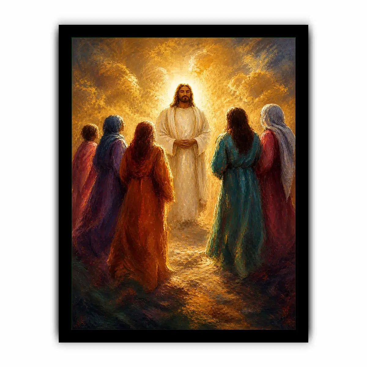 Jesus surrounded by followers in radiant golden light Christian spiritual wall art canvas