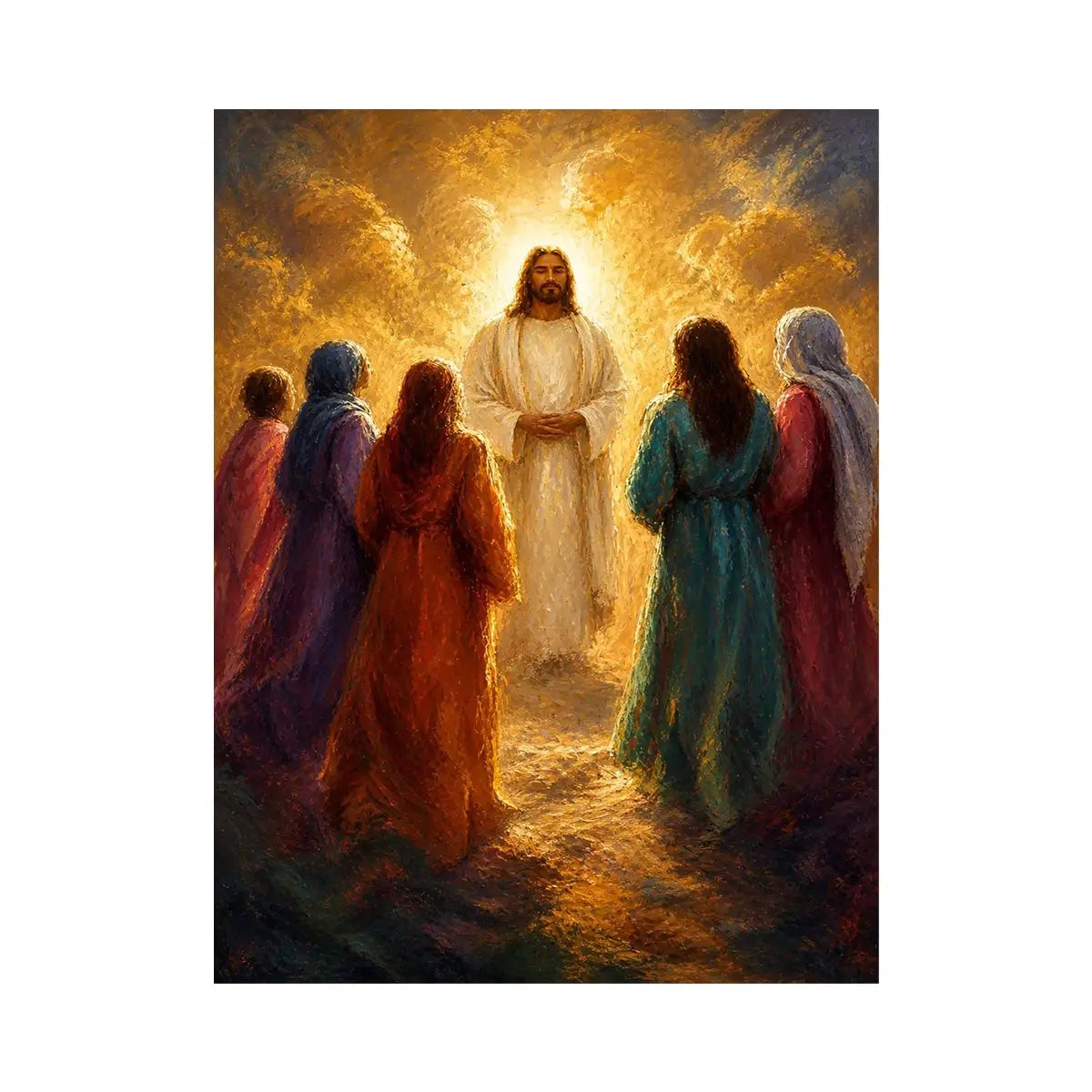 Jesus surrounded by followers in radiant golden light Christian spiritual wall art canvas