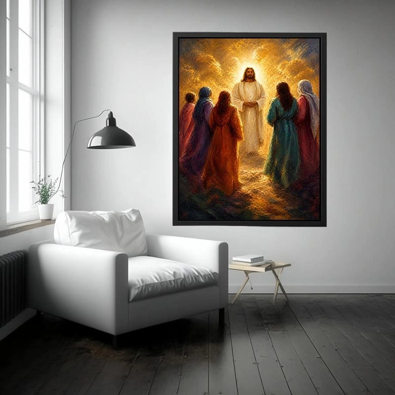 Jesus surrounded by followers in radiant golden light Christian spiritual wall art canvas