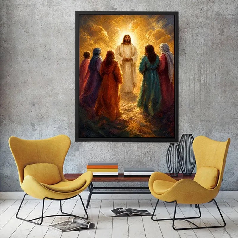 Jesus surrounded by followers in radiant golden light Christian spiritual wall art canvas