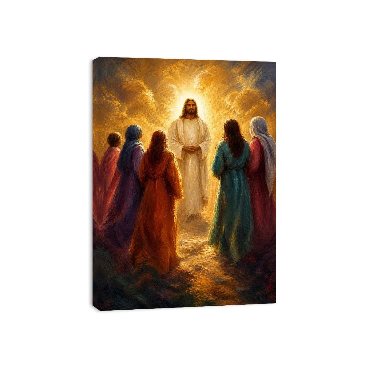 Jesus surrounded by followers in radiant golden light Christian spiritual wall art canvas
