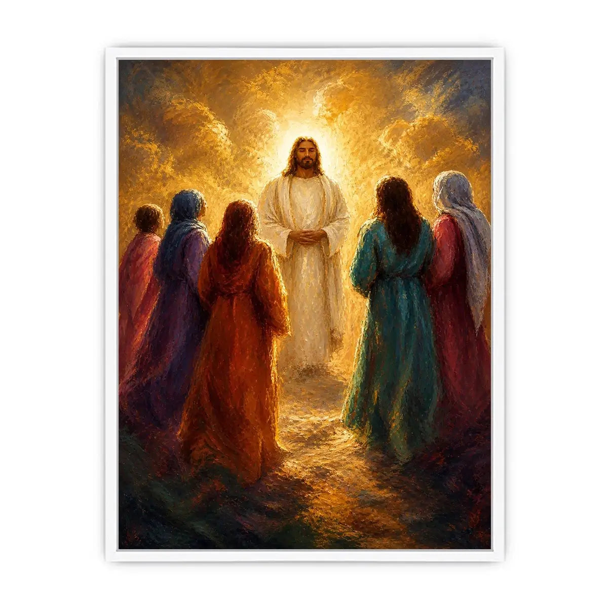 Jesus surrounded by followers in radiant golden light Christian spiritual wall art canvas