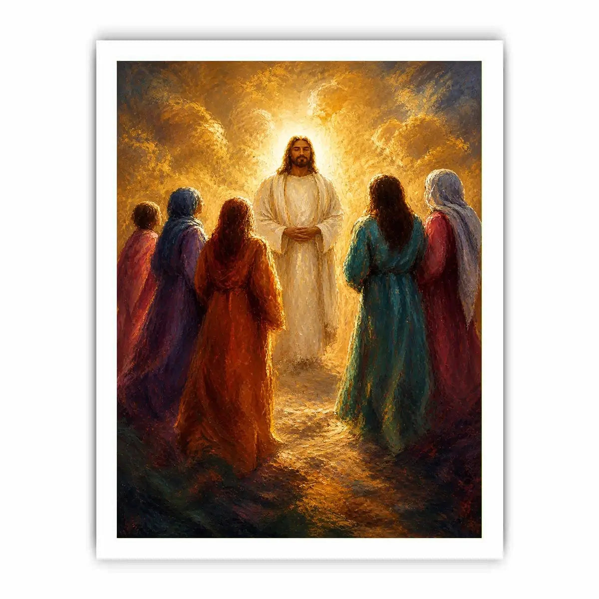 Jesus surrounded by followers in radiant golden light Christian spiritual wall art canvas