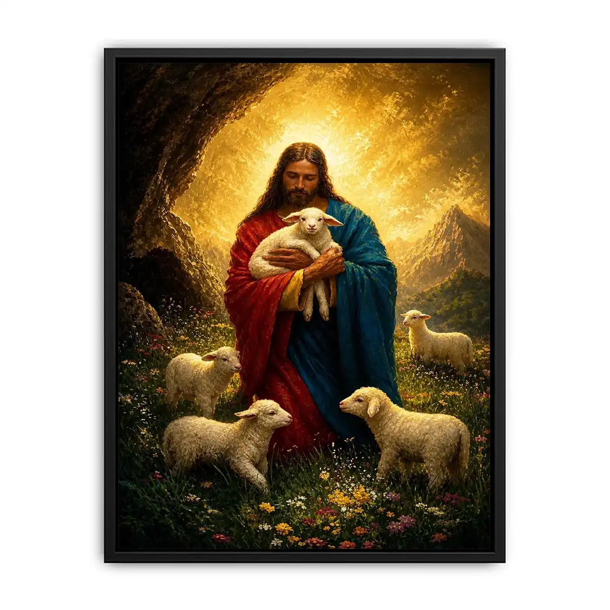 Jesus holding lamb surrounded by sheep in glowing mountain landscape Christian wall art canvas