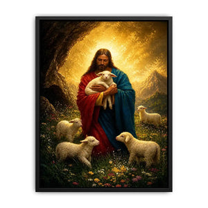 Jesus holding lamb surrounded by sheep in glowing mountain landscape Christian wall art canvas