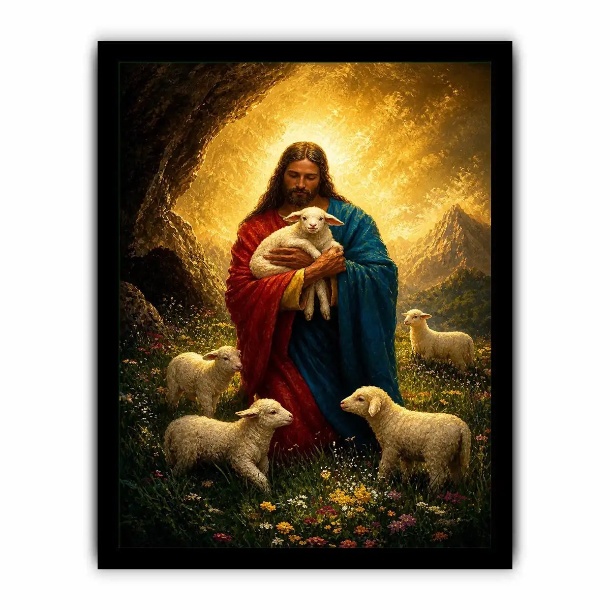 Jesus holding lamb surrounded by sheep in glowing mountain landscape Christian wall art canvas