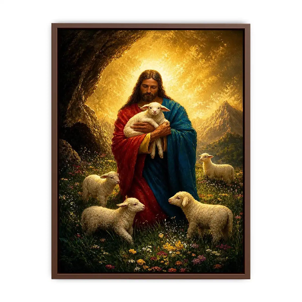 Jesus holding lamb surrounded by sheep in glowing mountain landscape Christian wall art canvas