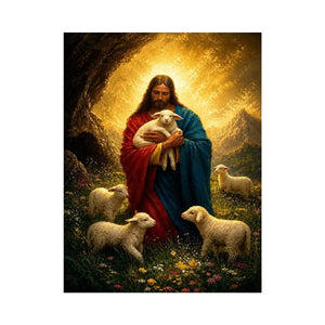 Jesus holding lamb surrounded by sheep in glowing mountain landscape Christian wall art canvas