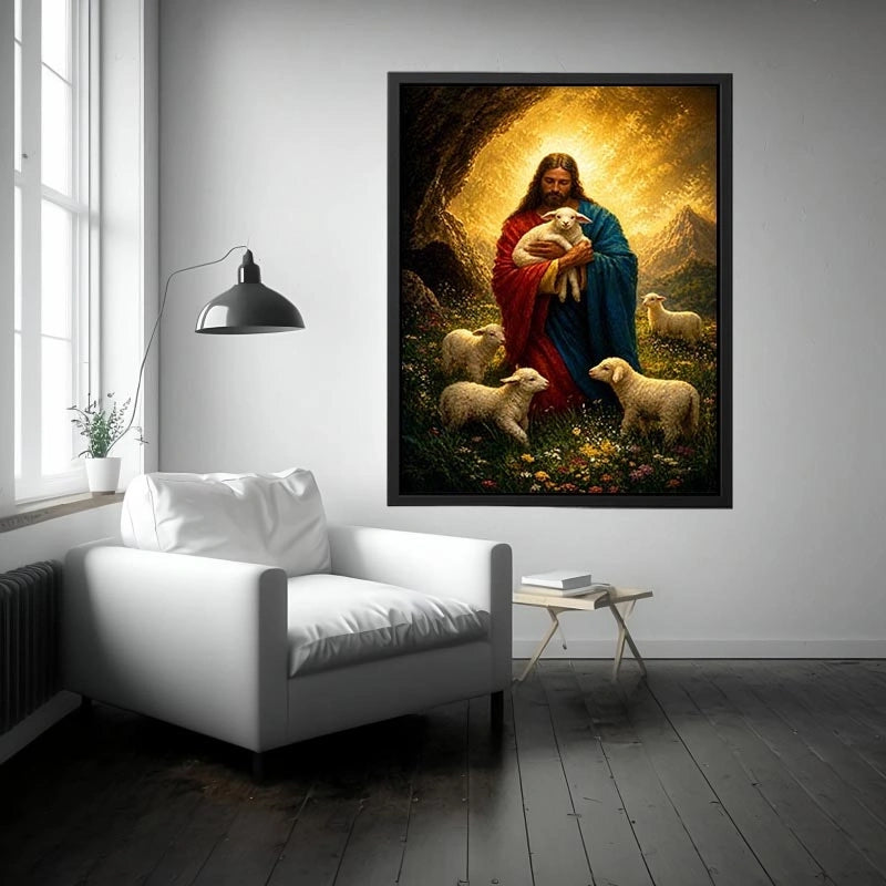 Jesus holding lamb surrounded by sheep in glowing mountain landscape Christian wall art canvas