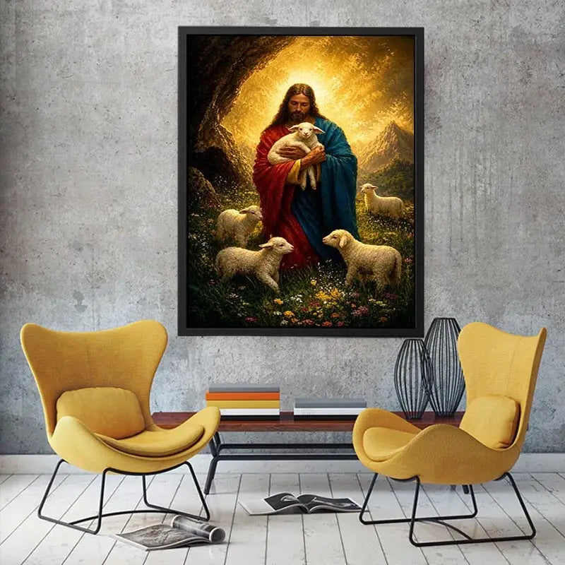 Jesus holding lamb surrounded by sheep in glowing mountain landscape Christian wall art canvas