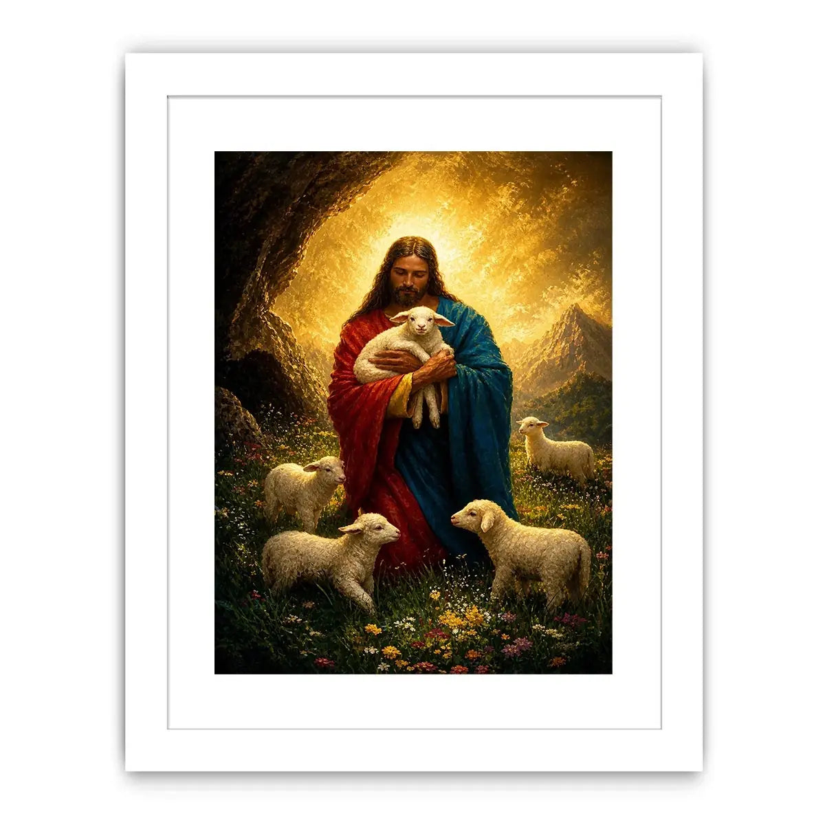 Jesus holding lamb surrounded by sheep in glowing mountain landscape Christian wall art canvas