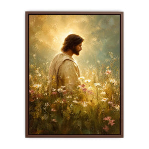 Jesus standing in glowing wildflower meadow with heavenly light Christian wall art canvas