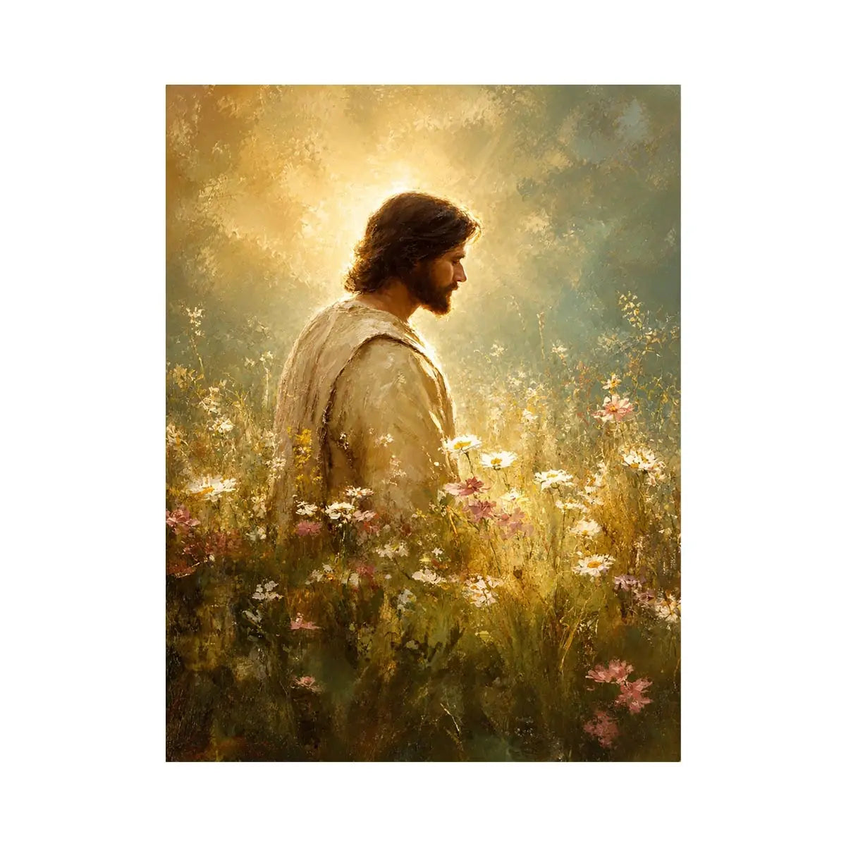 Jesus standing in glowing wildflower meadow with heavenly light Christian wall art canvas
