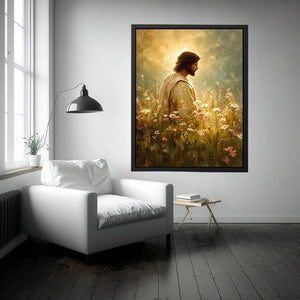Jesus standing in glowing wildflower meadow with heavenly light Christian wall art canvas