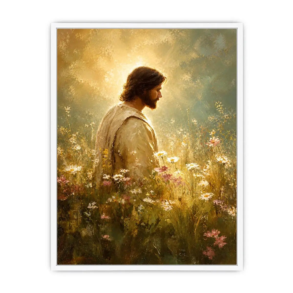 Jesus standing in glowing wildflower meadow with heavenly light Christian wall art canvas