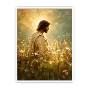 Jesus standing in glowing wildflower meadow with heavenly light Christian wall art canvas