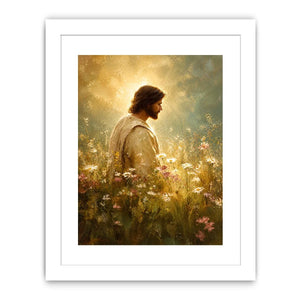 Jesus standing in glowing wildflower meadow with heavenly light Christian wall art canvas