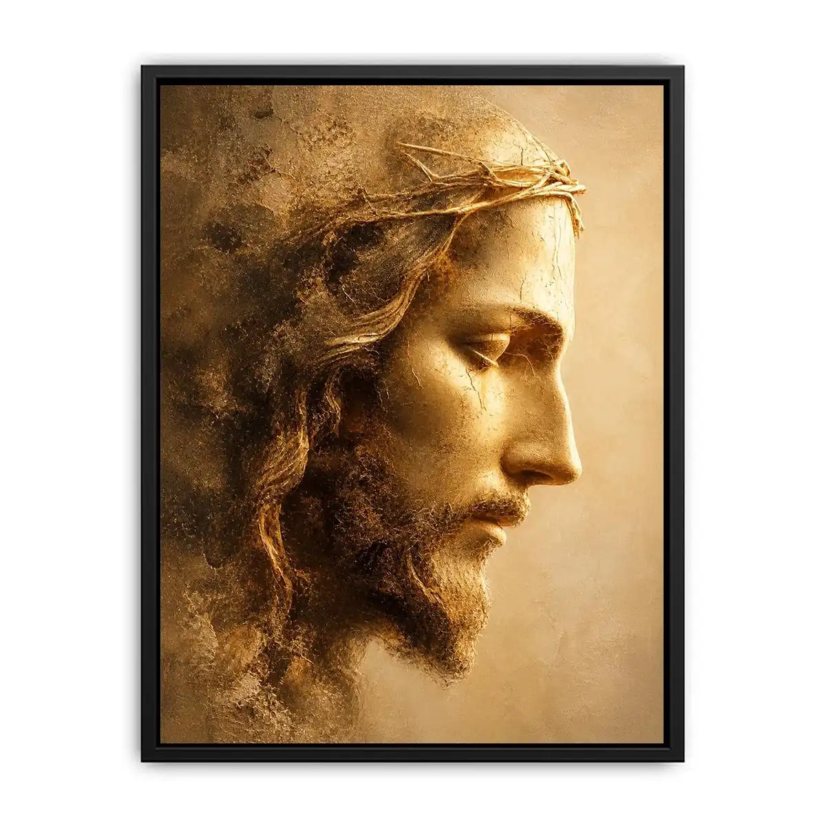 Close up portrait of Jesus with crown of thorns in golden light Christian wall art canvas
