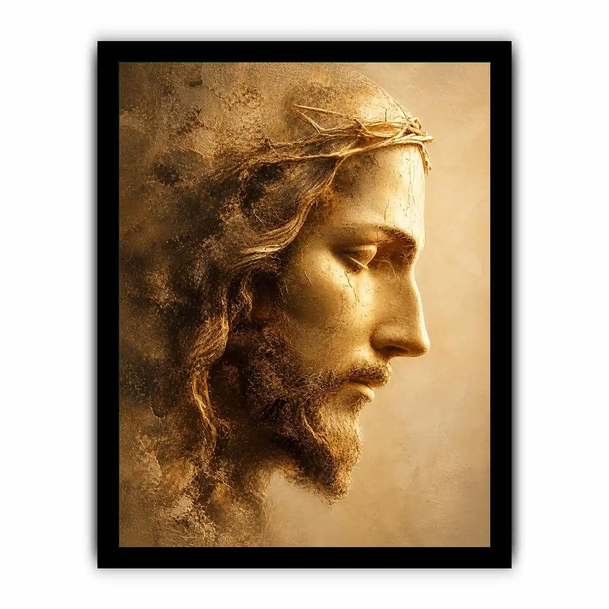 Close up portrait of Jesus with crown of thorns in golden light Christian wall art canvas