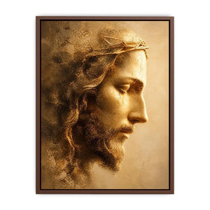 Close up portrait of Jesus with crown of thorns in golden light Christian wall art canvas