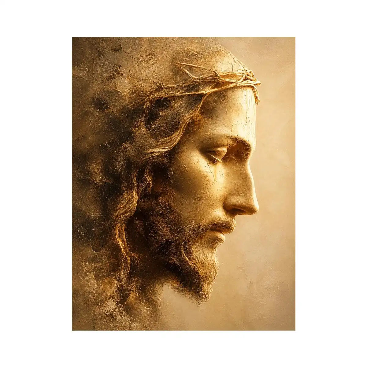 Close up portrait of Jesus with crown of thorns in golden light Christian wall art canvas