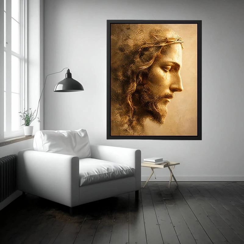 Close up portrait of Jesus with crown of thorns in golden light Christian wall art canvas