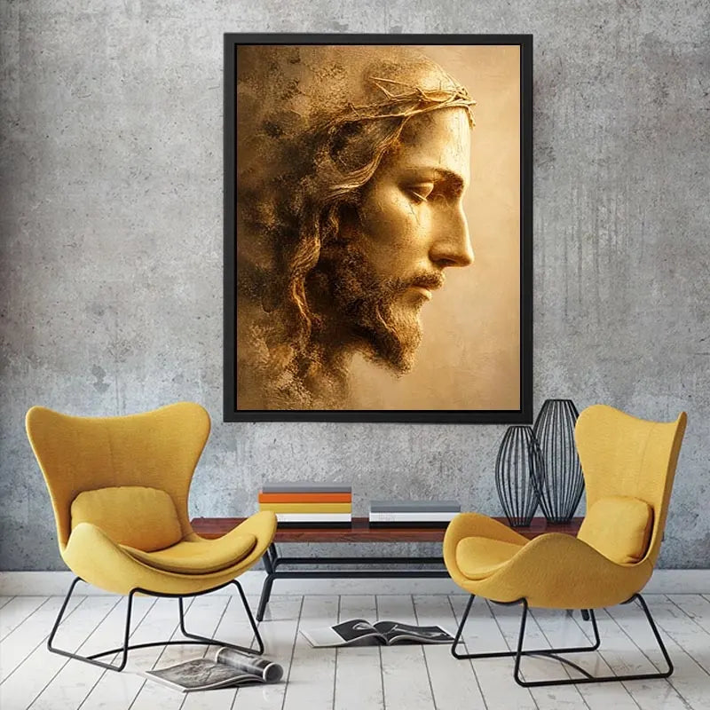 Close up portrait of Jesus with crown of thorns in golden light Christian wall art canvas