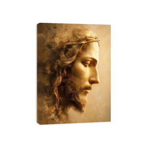 Close up portrait of Jesus with crown of thorns in golden light Christian wall art canvas