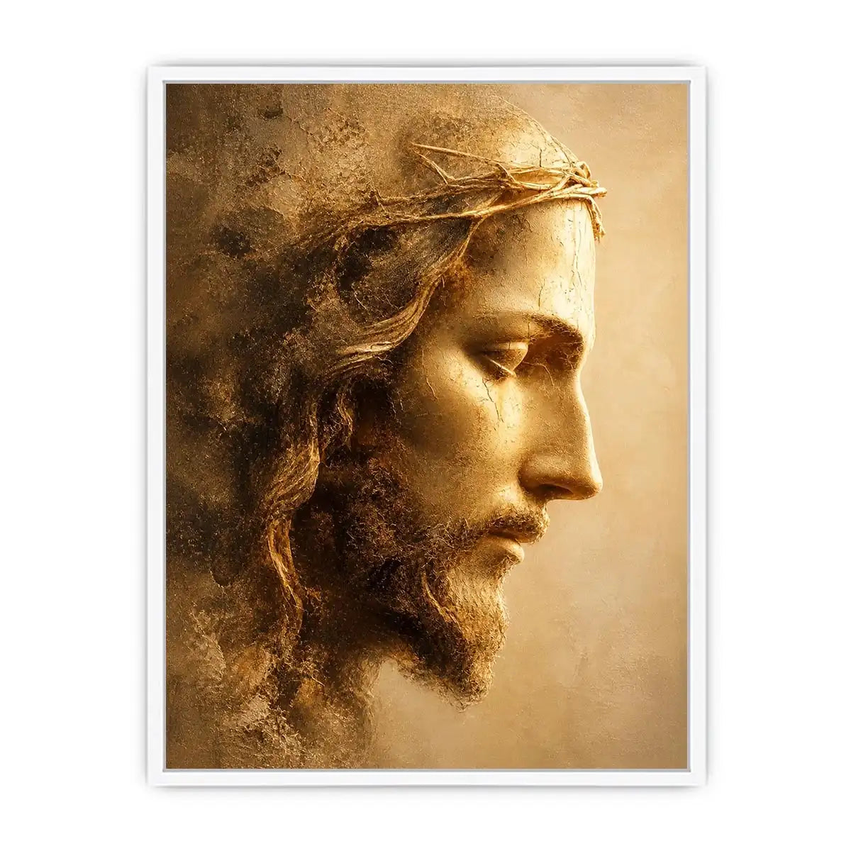 Close up portrait of Jesus with crown of thorns in golden light Christian wall art canvas