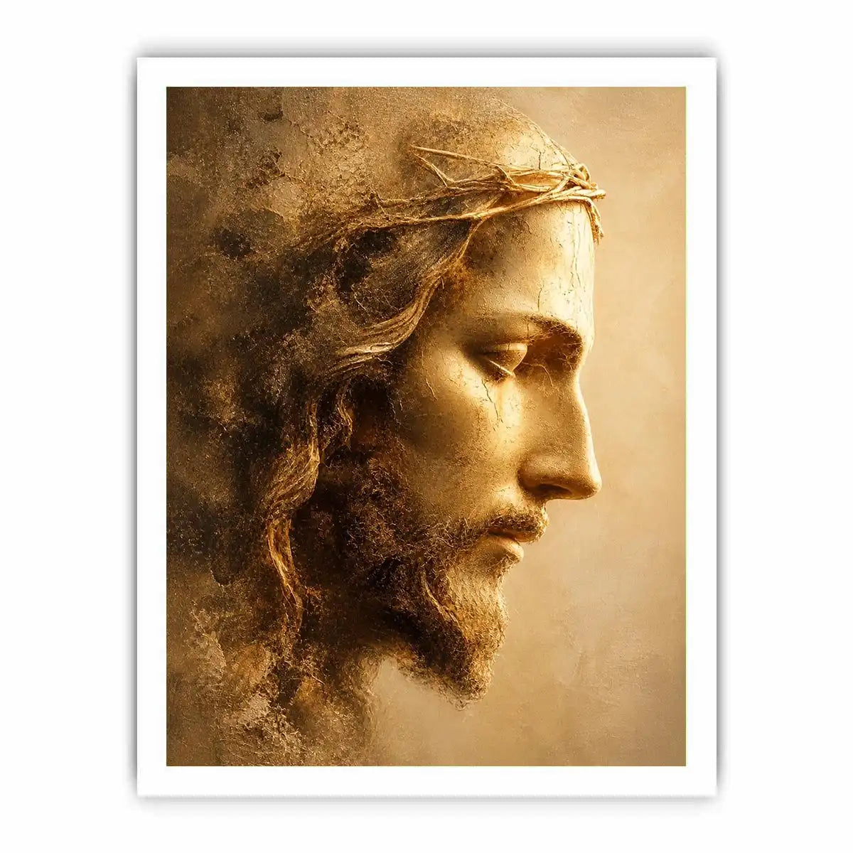 Close up portrait of Jesus with crown of thorns in golden light Christian wall art canvas