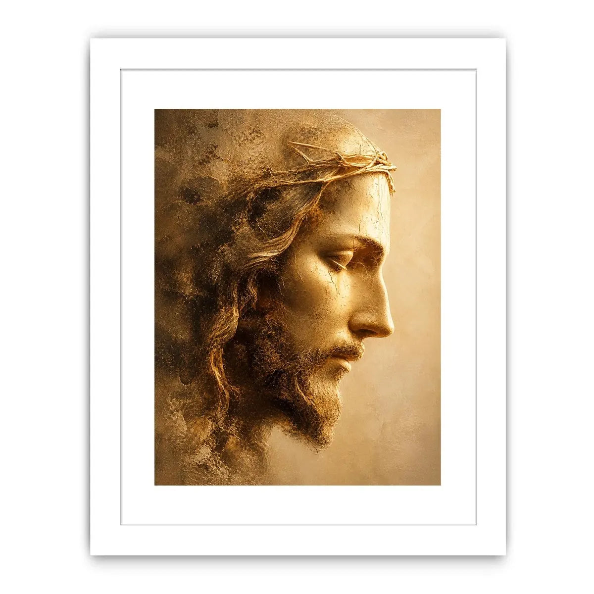 Close up portrait of Jesus with crown of thorns in golden light Christian wall art canvas