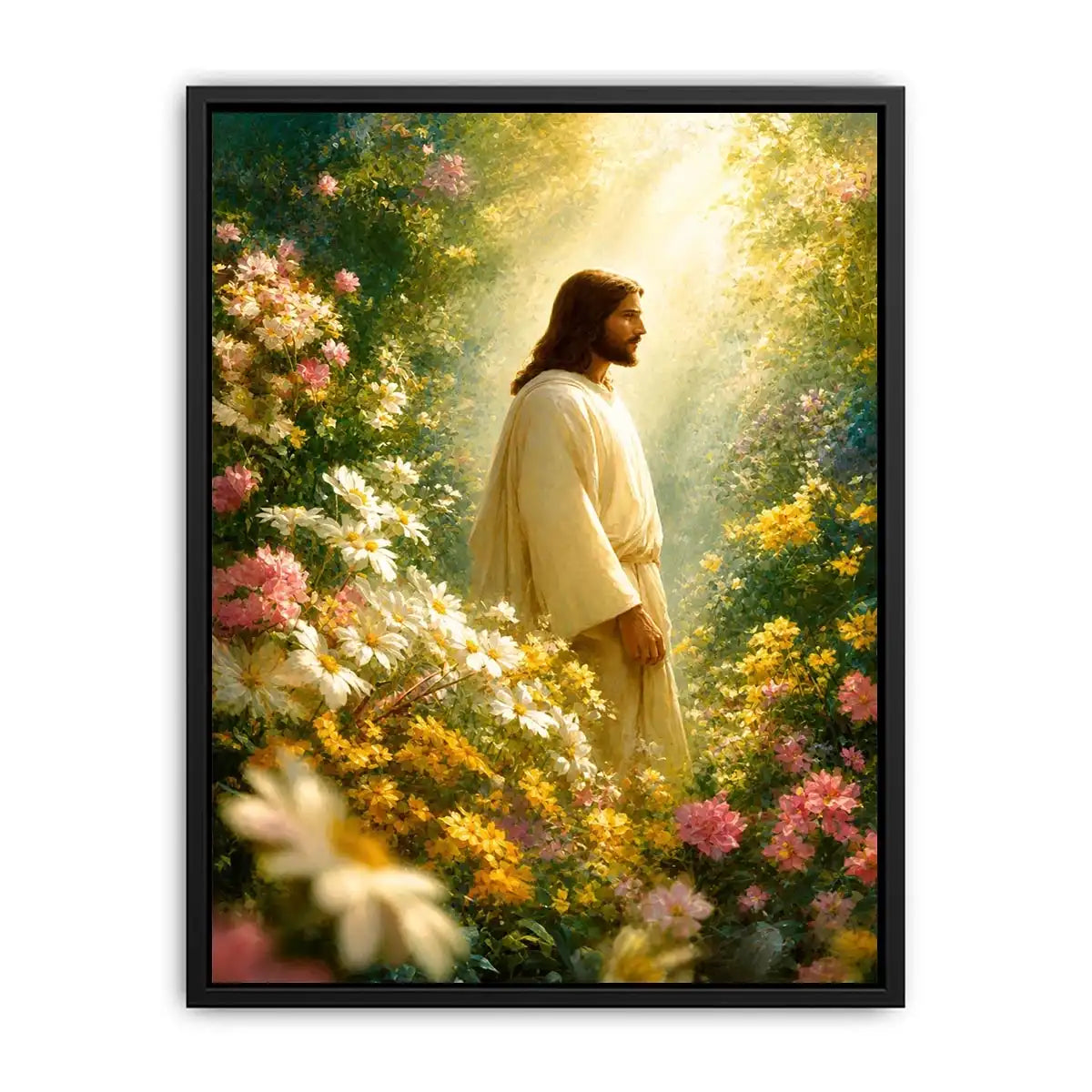 Jesus standing in blooming flower garden with heavenly light Christian wall art canvas