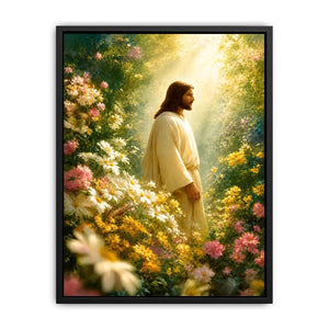Jesus standing in blooming flower garden with heavenly light Christian wall art canvas