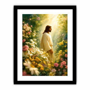 Jesus standing in blooming flower garden with heavenly light Christian wall art canvas