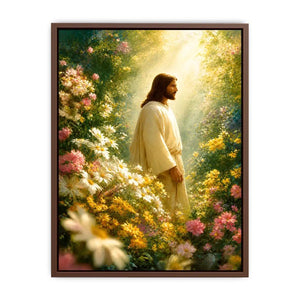 Jesus standing in blooming flower garden with heavenly light Christian wall art canvas